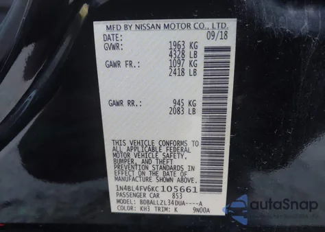 2019 Nissan Altima 2.5 Platinum z USA, uszkodzony, nr VIN 1N4BL4FV6KC105661